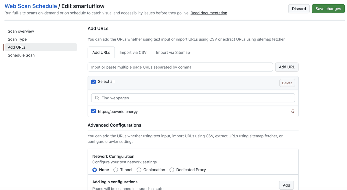 Add URLs section in the scan editor with Advanced Configurations