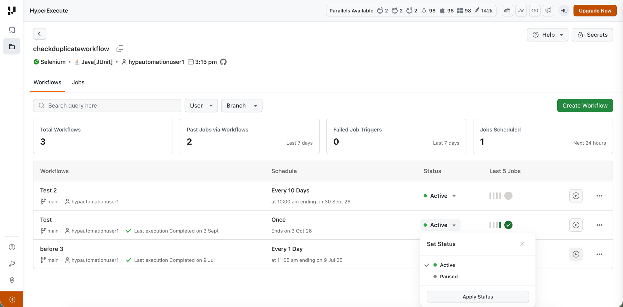 Set Status dropdown with Active and Paused options
