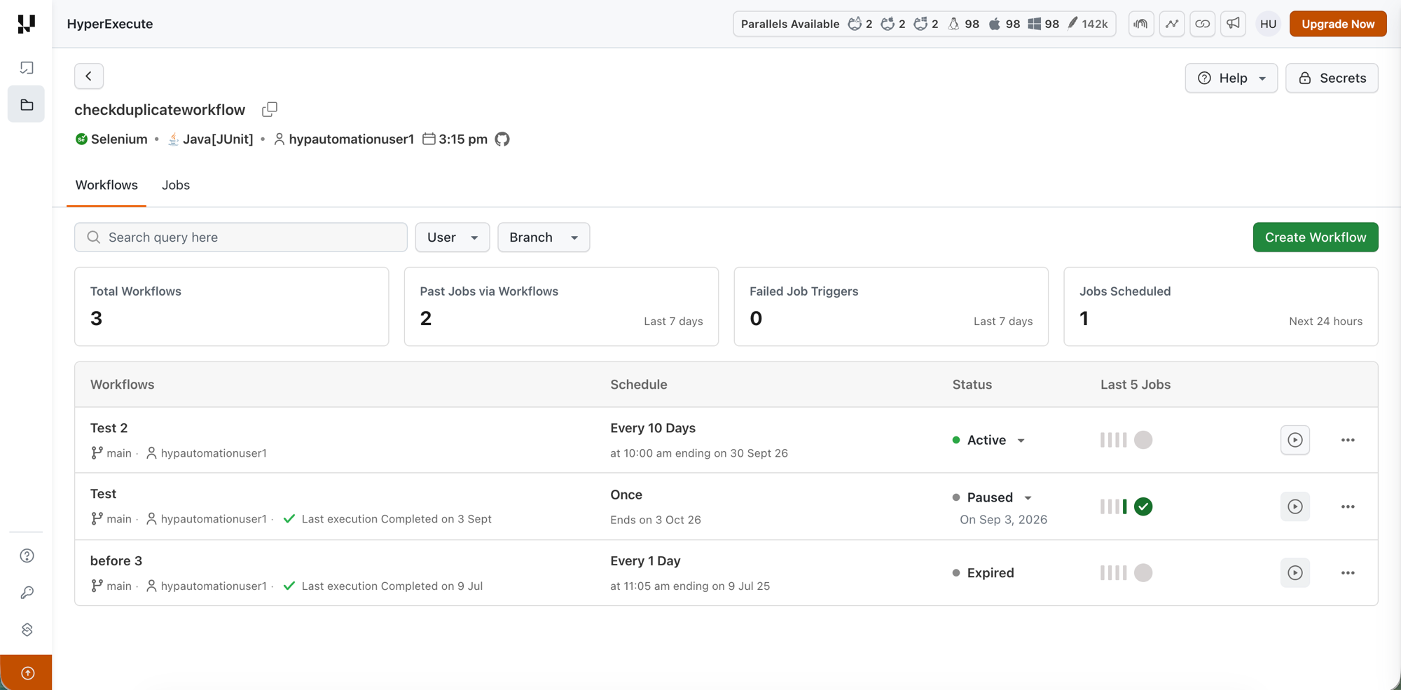 Workflow list showing Active, Paused and Expired states